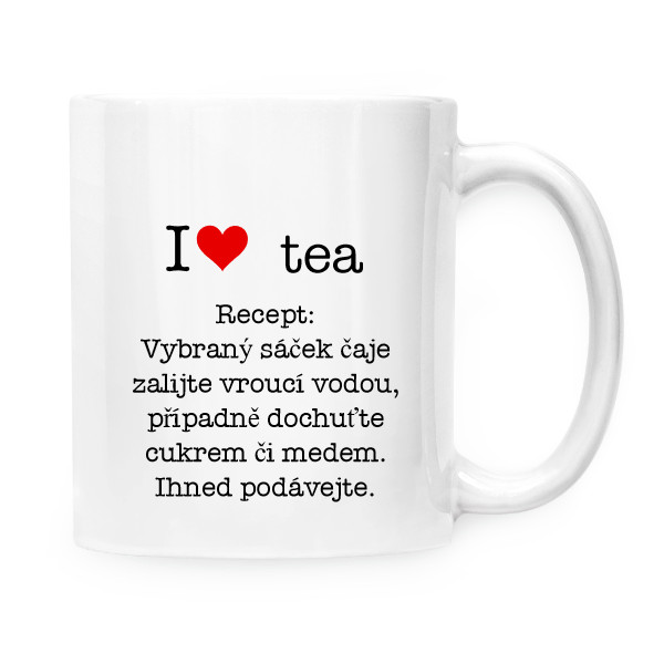 Hrnek malý bílý s potiskem Miluji čaj